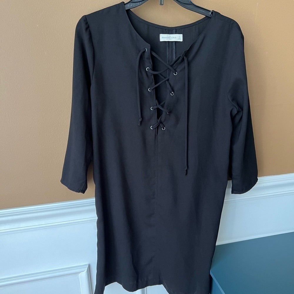 Abercrombie & Fitch Black Tunic Mini Dress with Lace-up Color Size S Goth Witchy - Picture 2 of 5